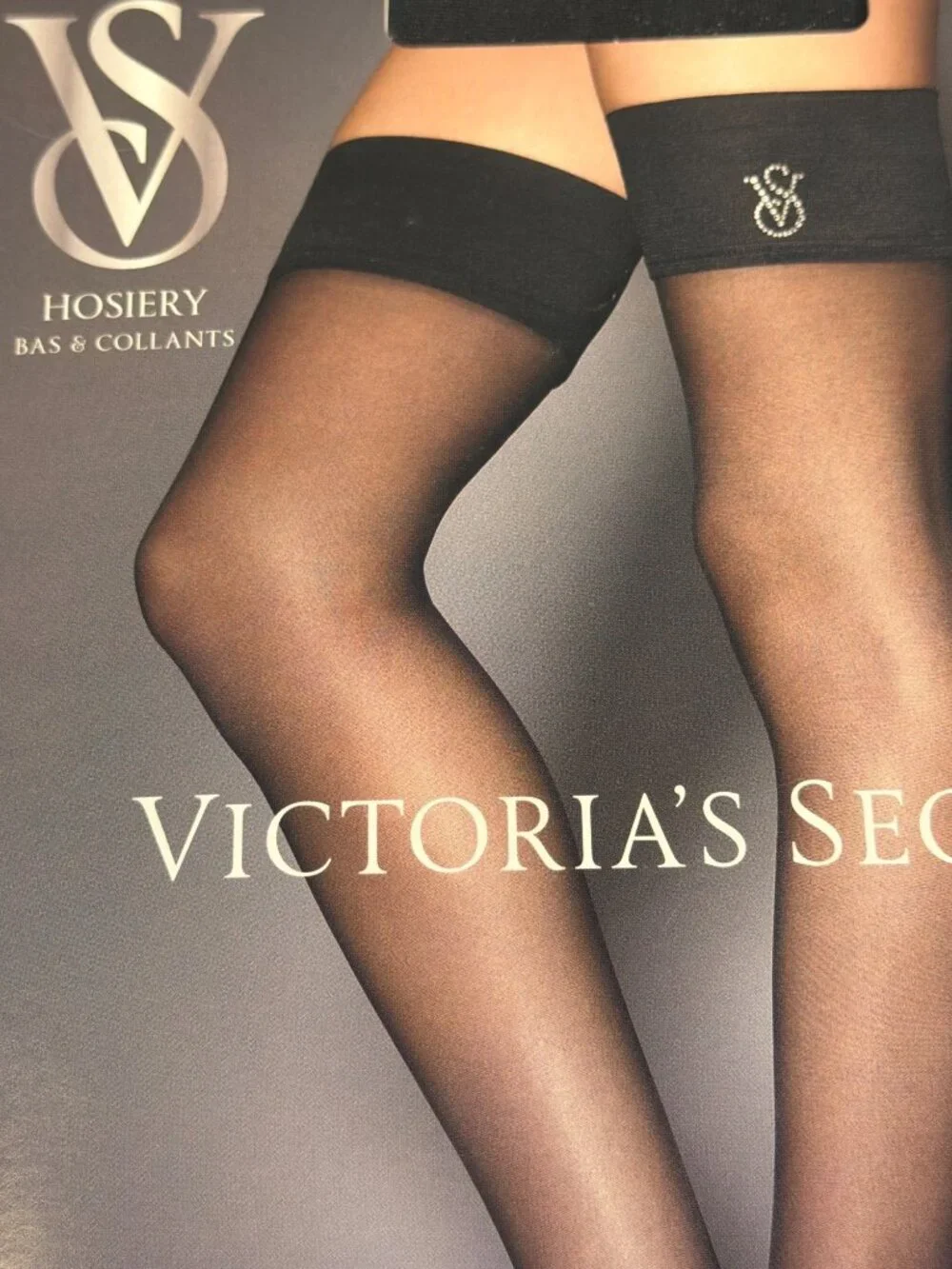 Victoria's Secret Black Crystal Logo Band Thigh Highs Hosiery SMALL NWT
